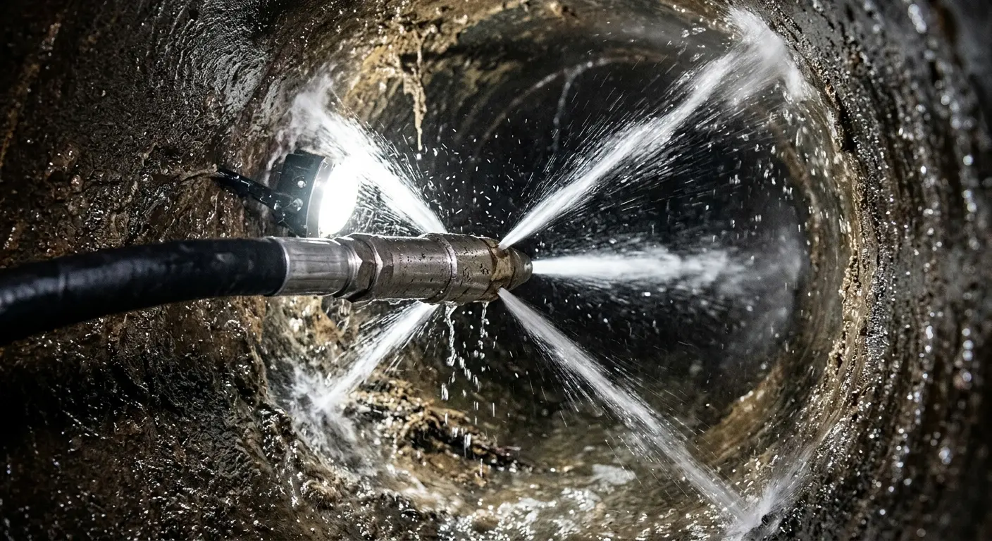 High-pressure hydro jetting nozzle cleaning sewer pipe for Sewer Line Relining in Maywood
