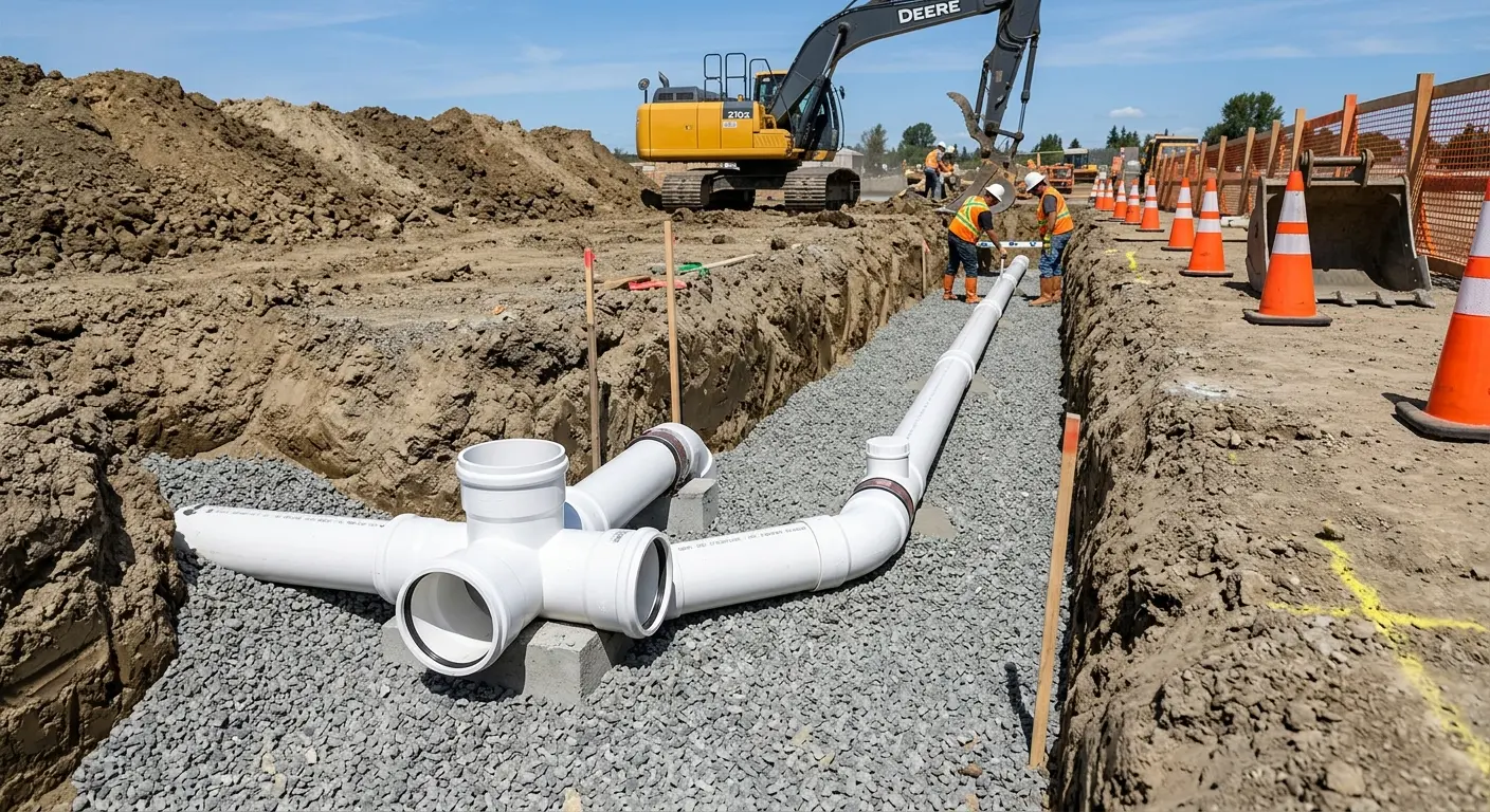 New PVC sewer pipe installation in open trench for Commercial Drain Cleaning in Maywood