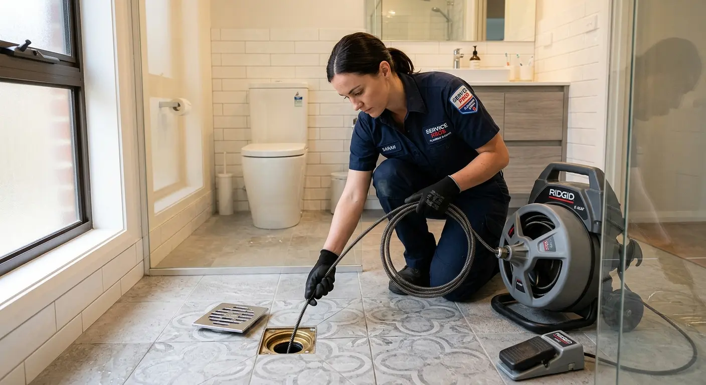 Technician clearing a bathroom floor drain for Sewer Line Replacement in Maywood